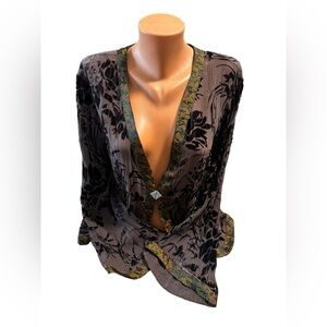 Vintage Anis A. Women's Large Brown 100% Silk Beaded Floral Velvet Cardigan